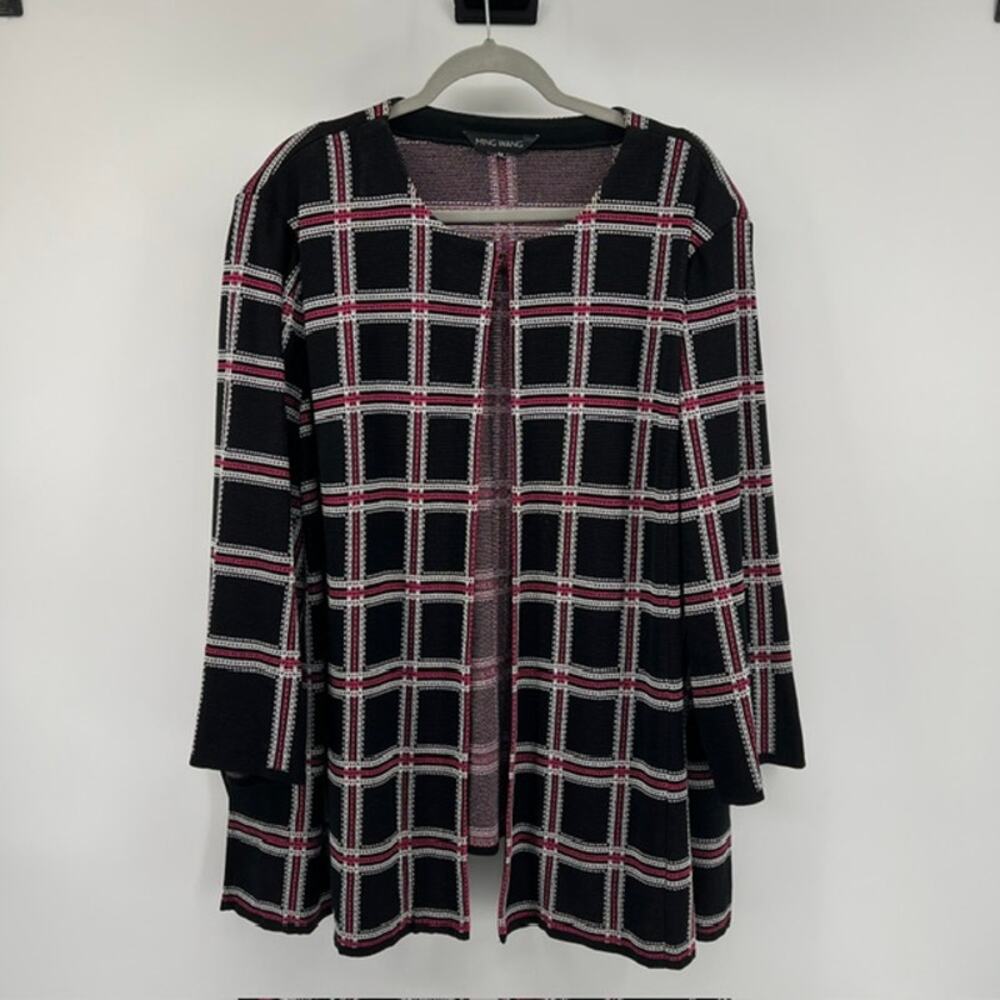 MING WANG Open Front Collarless Jacket Womens 3XL Black Pink Check Mature Style